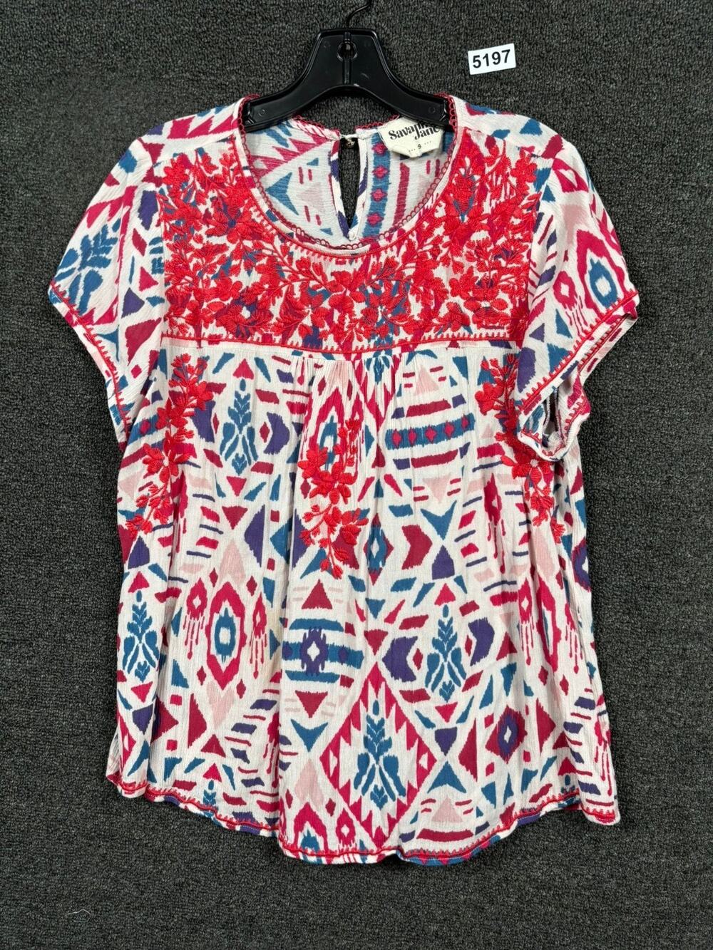 Savanna Jane Floral Embroidered Top Womens S Bohemian Festival Short Sleeves